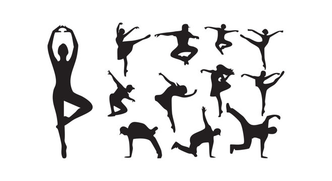 Silhouette collection of different dancers and performers in various active poses isolated on a clean white background.