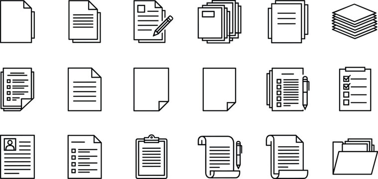 Document icons in line art style, paper, clipboard, folder, checklist, notes, productivity symbols, vector illustration design
