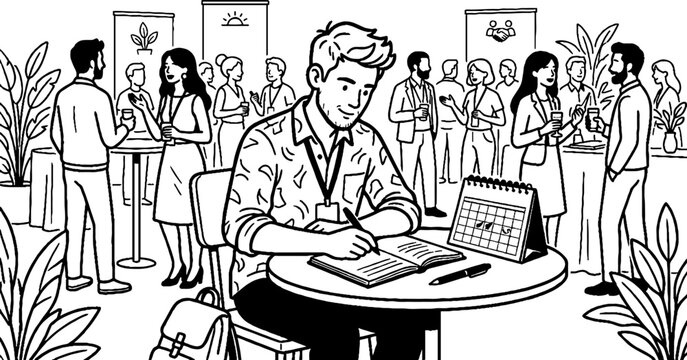 Professional taking notes at busy networking event or conference