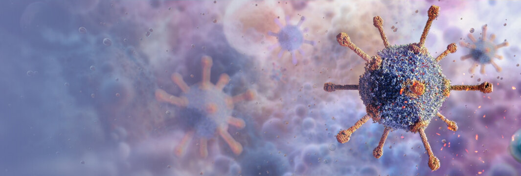 Virus particles in microscopic environment, 3D render. Viral cell structure, pathogen transmission, pneumonia, arthritis, bronchitis, hepatitis, cystitis infection concept, microbiology and immunology