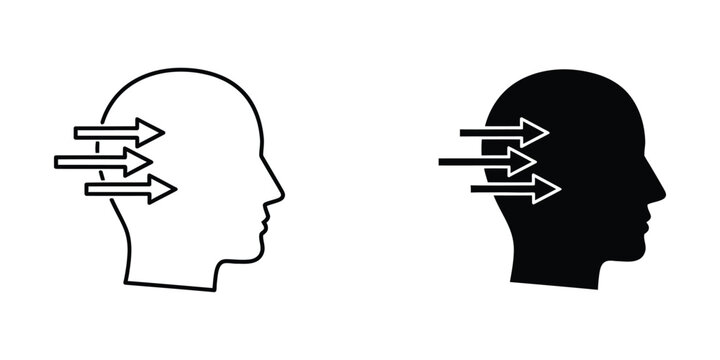 Head silhouette with incoming arrows icon set thinking information processing silhouette