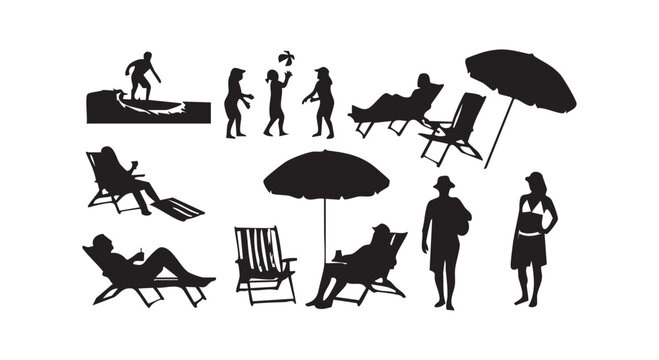 Summer beach vacation leisure icons with people sunbathing under umbrellas surfing and relaxing by ocean shore.