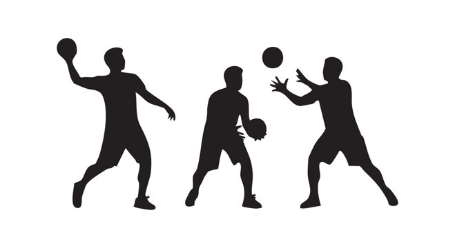 Three men playing basketball silhouettes one throwing ball others catching active sport game on white background illustration.