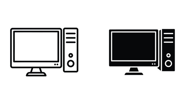 Minimalist computer monitor and tower setup line icons