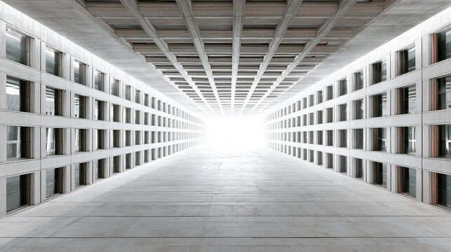 High exposure infinite concrete corridor with bright light at the vanishing point
