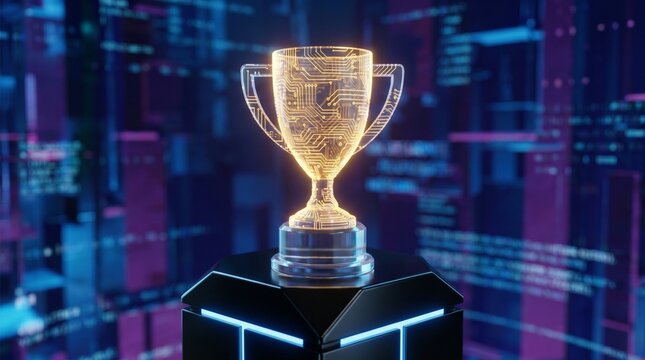 Modern digital trophy award with futuristic blue light background, business success concept featuring innovation, artificial intelligence, leadership and winning achievement