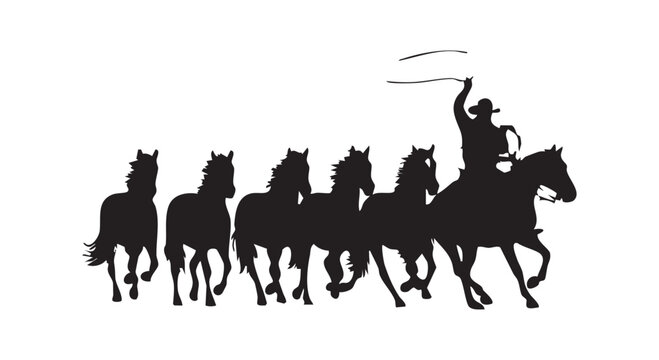 Wild horses galloping across prairie with cowboy rider using lasso in traditional western ranch scene isolated on white.