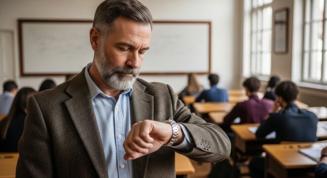 The students are sitting in the classroom and the professor is looking at the clock.