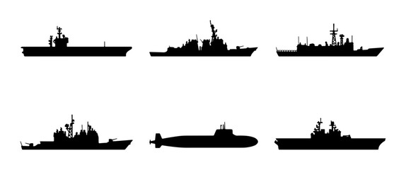 Naval Fleet Silhouettes: Aircraft Carrier, Destroyer, Frigate, Submarine, Set of Warships Vector Icons © Imran
