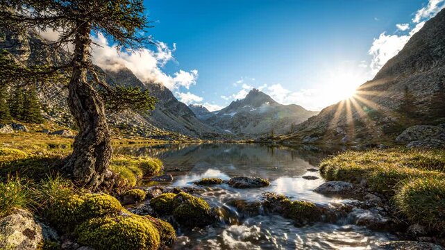 Serene mountain lake with tree and rocks at sunset or sunrise surrounded by grass and moss
