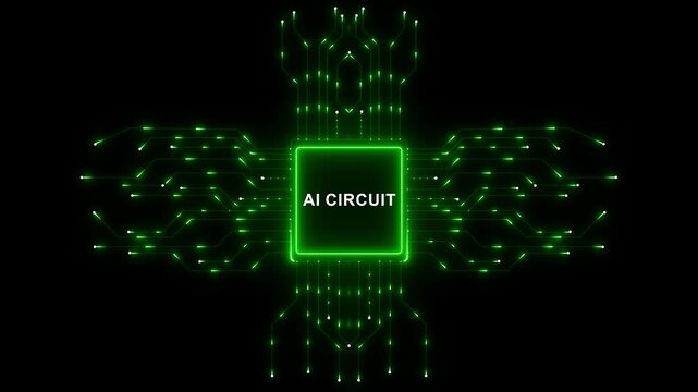 Futuristic Neon AI Circuit Processor Animation with Digital Circuit Network and AI Technology black Background