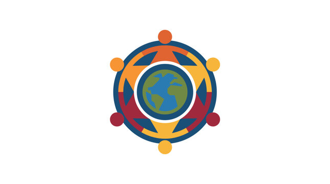 Global Community Icon with People Holding Hands Around Earth Vector Illustration Isolated on White Background for Branding