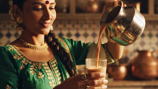 Woman in traditional indian attire pouring chai into a glass cup in a kitchen with copper utensils