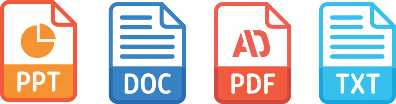 Document file format vector icons set featuring ppt doc pdf and txt types for digital data storage download and office paperwork management