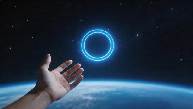 Hand reaching for glowing circle in space