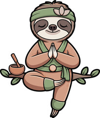 Fototapeta premium A cute cartoon sloth practicing mindfulness and meditation while sitting in a serene yoga pose on a tree branch