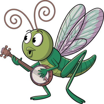 A happy green cartoon grasshopper playing a banjo to celebrate World Music Day with joyful melodies and rhythm.