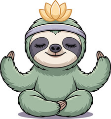 Fototapeta premium A cute cartoon sloth sitting in a meditative yoga pose with a peaceful expression and a lotus flower on its head