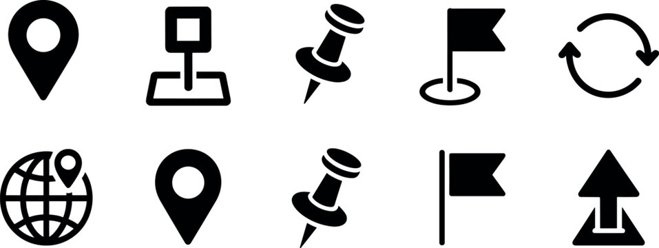 Map pointer and location navigation vector icons set featuring pushpin flag globe marker and direction tracking pointer symbols