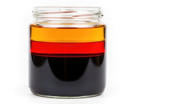 A glass jar contains stratified layers of liquids displaying a striking gradient of deep black, vibrant red, and translucent amber tones, laboratory, red, demonstration