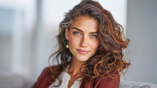 Portrait of beautiful woman with curly hair and blue eyes smiling gently wearing pearl earrings and cozy outfit
