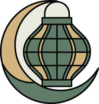 A minimalist graphic illustration of a glowing lantern nestled within a crescent moon for Eid al-Adha spiritual reflection