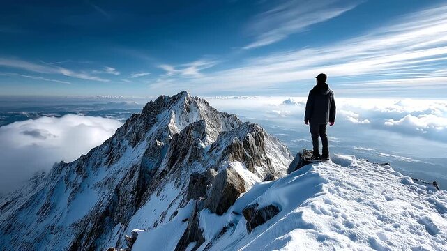 Faceless man on top of snow-covered mountain, winter adventure scene, alpine exploration photography, nature beauty concept, mountaineering achievement, with copy space