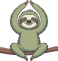Fototapeta premium A cute cartoon sloth sitting on a tree branch while practicing mindfulness and yoga meditation poses