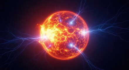 Fototapeta premium A majestic glowing planet radiates intense solar heat while swirling plasma streams and molten rock dance within a vast cosmic energy field, vortex, magma, sun