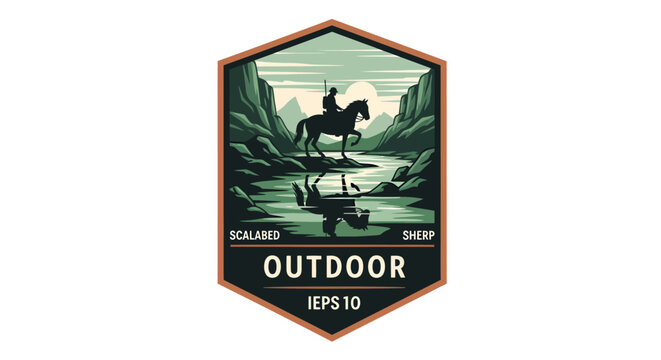 Vintage Outdoor Adventure Badge with Horse Rider in Mountain River Landscape.