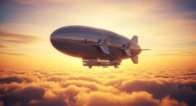A massive majestic dirigible floats gracefully through a sea of golden clouds at sunset, showcasing intricate mechanical details and fins, aerostat, gliding, flight