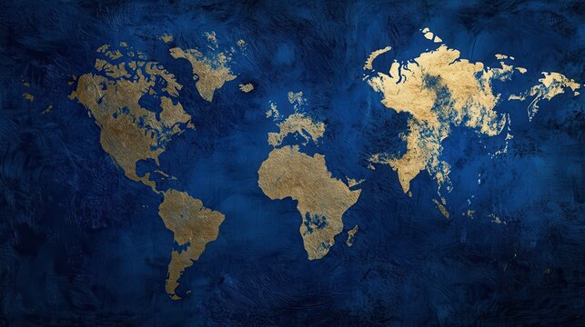 World map textured with deep blue background and golden continents, evoking global connectivity and exploration themes