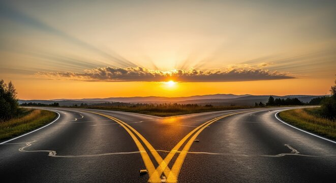 A paved asphalt road splits into two distinct paths under a golden sunrise, representing a significant choice and a new life direction, freedom, metaphor, parting