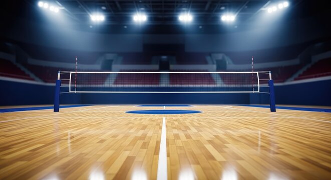 A professional indoor volleyball court features a polished wooden floor illuminated by bright overhead spotlights within a silent stadium, space, beam, interior