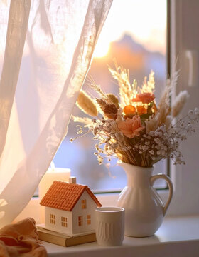 A warm winter still life on a windowsill featuring a white ceramic jug filled with dried flowers, a cute gingerbread house, and a cup, illuminated by beautiful golden sunset light.