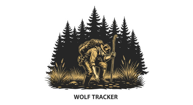 Wolf Tracker in Forest with Pine Trees and Grass.
