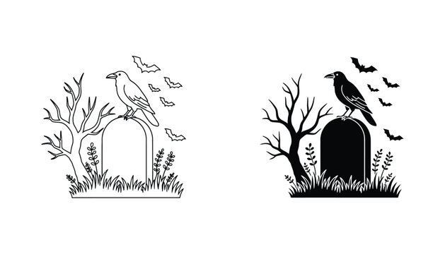 Spooky halloween graveyard scene with raven perched on headstone and flying bats vector illustration