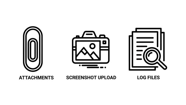 Icons for attachments screenshot upload log files with file management user interface attachment screenshot magnifying document transfer information organization illustration analysis