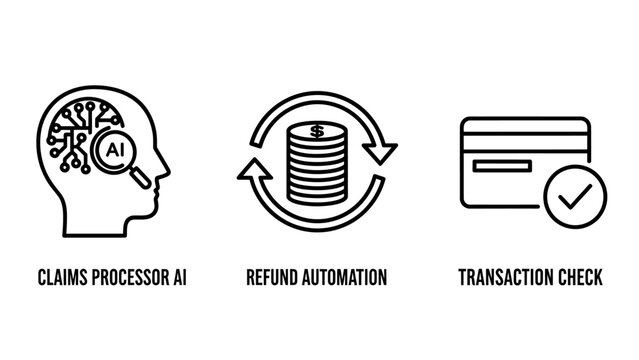 Claims processing refund automation transaction check icons with artificial intelligence processor automation transaction verification technology processing workflow efficiency business