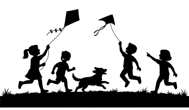 Children flying kites with dog silhouette vector set isolated on white background