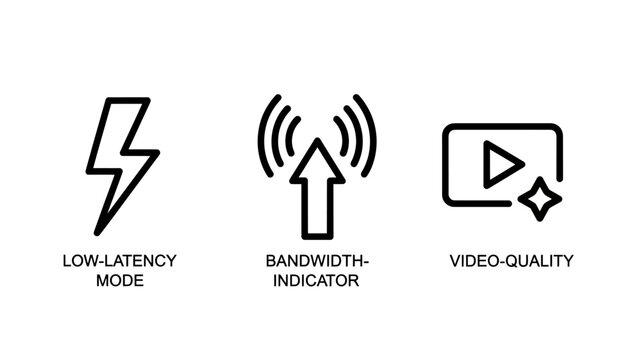 Low latency mode bandwidth indicator quality icons with video quality data transfer real time video conferencing broadband speed technology performance streaming internet connection download