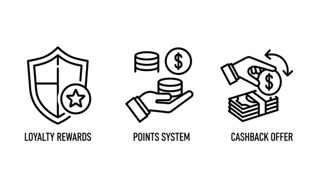 Loyalty rewards points system cashback offer icons with business marketing customer shopping discount promotion exchange membership illustration strategy