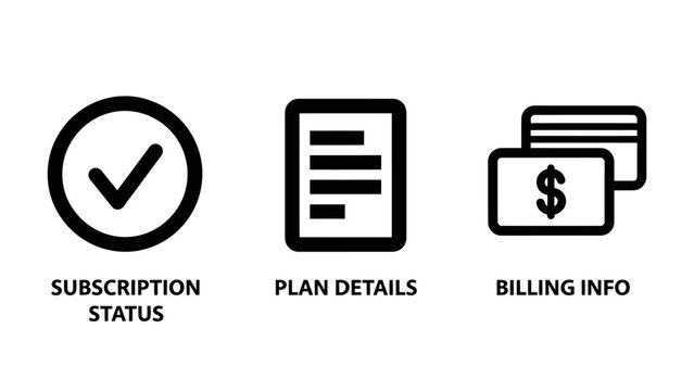 Subscription plan billing icons with e commerce subscription information credit card document checkmark management illustration business commerce transaction contract conditions statement