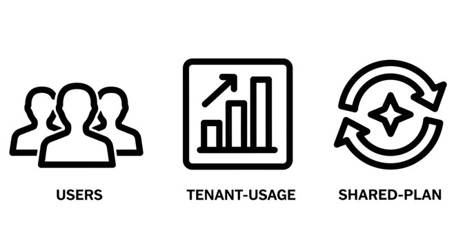 Icons for users tenant usage shared plan in business context with people icons data icons sharing icons growth icons team icons business analytics statistics collaboration subscription