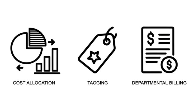 Cost allocation tagging departmental billing business finance outline icons with pie chart bar graph price tag allocation departmental business accounting economics financial management