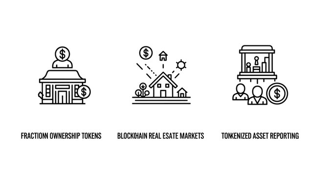 Blockchain real estate and financial technology icons for fractional ownership market asset reporting with dollar sign line art smart contract market trend distributed ledger security token