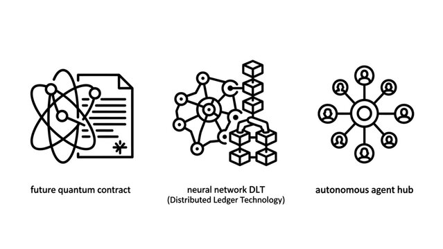 Future quantum contract neural network cli autonomous agent hub icon set for advanced technology concepts with artificial intelligence deep learning smart contract machine learning distributed led