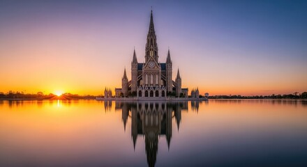 Naklejka premium An architectural masterpiece of a religious building standing above water surfaces with golden sunset light and calm reflections, ocean, building, symmetry