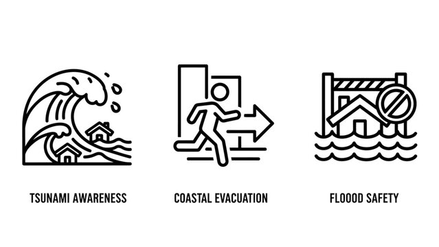 Natural disaster awareness and safety line icons set with tsunami coastal evacuation flood safety symbols disaster management line art danger zone awareness evacuation emergency security