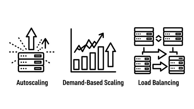 Icons for cloud computing and it infrastructure: autoscaling demand-based scaling load balancing concepts data center autoscaling computing infrastructure technology resource management